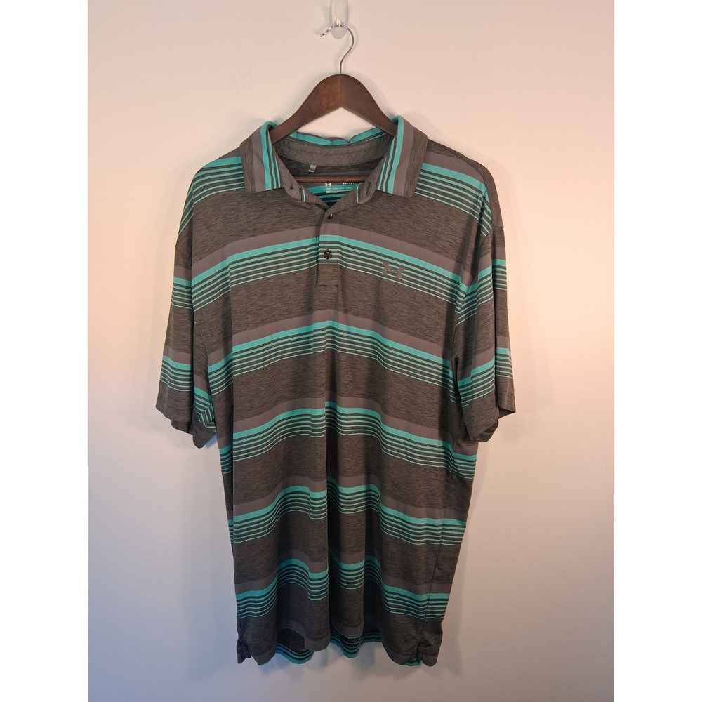 Athletic Under Armour HeatGear Polo Shirt Mens 2XL Grey Teal Striped Performance